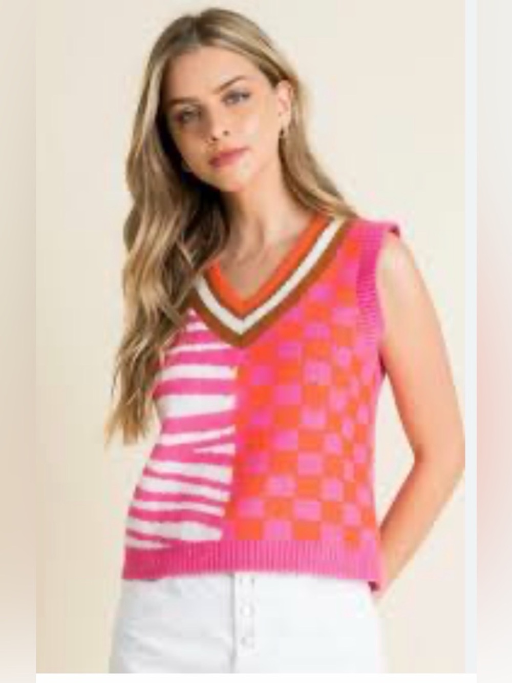 THML Pink and Orange Patterned V-Neck Sweater Vest Size M